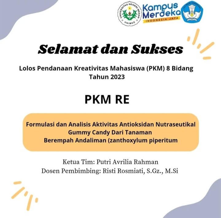 Lolos Pendanaan Kreativitas Mahasiswa (PKM) 8 Bidang Tahun 2023  PKM RE  Formulasi dan Analisis Aktivitas Antioksidan Nutraseutikal  Gummy Candy Dari Tanaman Berempah Andaliman (zanthoxylum piperitum